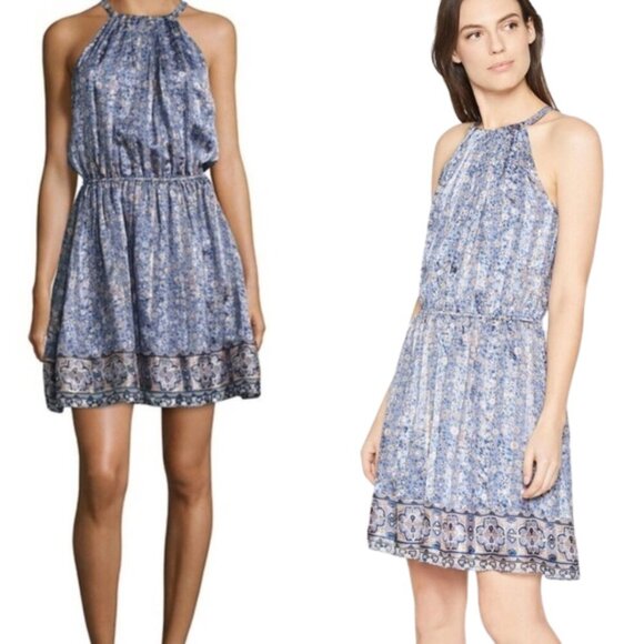 Joie Makana D Silk Floral Mini Dress Women's Medium Hyacinth Blue Metallic Party - Picture 2 of 14